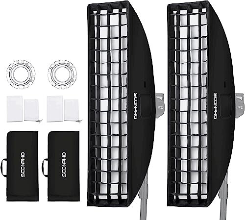 Soonpho 2 PCS Diffusore Softbox Striscia con griglia a nido d'ape rettangolare Bowens Mount con nido d'ape e borsa di trasporto 22x90cm per flash Bowens da studio Compatibile GODOX NEEWER Aputure