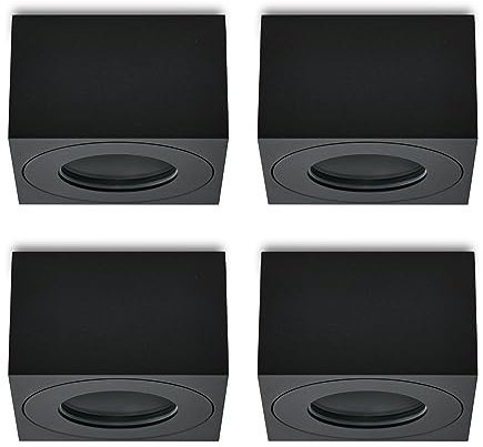 KYOTECH Spot LED en Saillie IP44 pour salle de bain Ø80x80x50mm Plafonnier Luminaire pour Module LED Carré Apparent Downlight Lampe Noir, Ampoule non incluse, Lot de 4