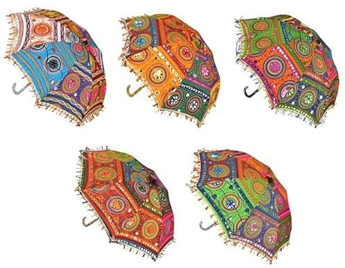 BMLIMITED BML 5 Pcs Indian Handmade Designer Cotton Fashion Multi Colored Embroidery Boho Umbrellas | Mirror Work Vintage Parasols Umbrellas For Indian Wedding, Mehndi Party Decor 61 x 61 Cm
