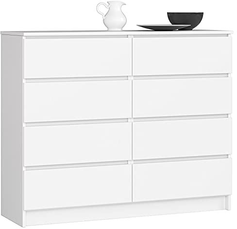 AKORD Kommode K-120 mit 8 (2 x 4) Schubladen | für das Wohnzimmer Schlafzimmer Schrank Büro Arbeitszimmer | Modernes Funktionales Design | B120 x H99 x T40 cm, Gewicht 65 kg | Weiß