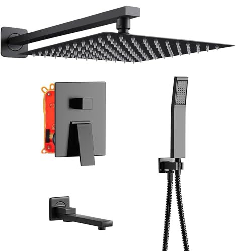 DELURA Système de Douche Encastré Ensemble de Douche Noir Colonne Douche Encastrable Set de Douche avec Carrée 25x25cm Pommeau de Douche Pluie, Douchette