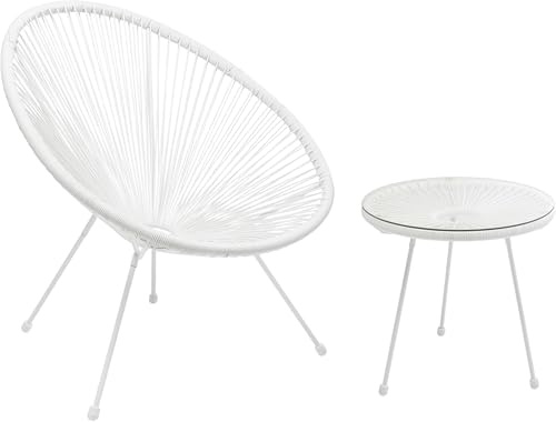 Kare Design Gartenmöbel 2er Set Acapulco Mono Weiß, Indoor Outdoor, Retro | Sessel mit Beistelltisch, Gartenstuhl Sitzgruppe, Lounge-Möbel für Garten, Balkon, Terrasse, Weißes Stahlgestell, Glas