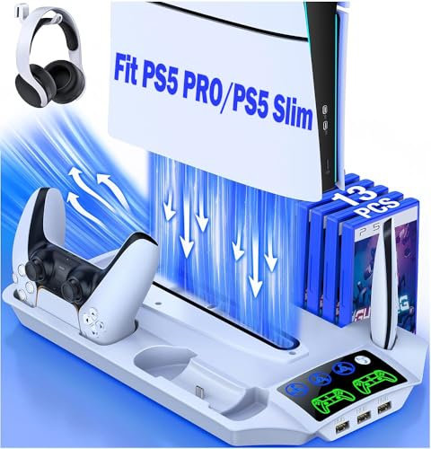 HELLCOOL PS5 Slim Stand with Turbo Cooling Fan for PS5 Pro/Slim - Disc, Digital & Console - Controller Charger, 13 Game Card Case, Headset Holder, 3 USB Hubs