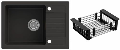 Rein Schwarz LINDBERGH® Antibakterielle Granit Spüle SIM44 + Korb + Siphon Einbauspüle Küchenspüle Spülbecken + IMPRÄGNIERUNG - Verbundstoffe MADE IN GERMANY (7. Spüle SIM44 + Korb)