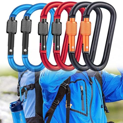 6Pcs Aluminum Carabiner Clips Heavy Duty D Ring Clip Hook Karabiner Keychain Hook Clips Locking Carabiner Hiking Clips for Outdoor Camping Fishing Hiking Traveling