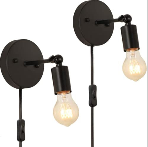 SSNCcNC 2-Pack Wandlampe Vintage Wandleuchte mit stecker und kabel E27 Innen Industrielampe Metall Schwarz Retro Schlafzimmer Wohnzimmer Nachttischlampe Esszimmer Balkon Loft Wandbeleuchtung