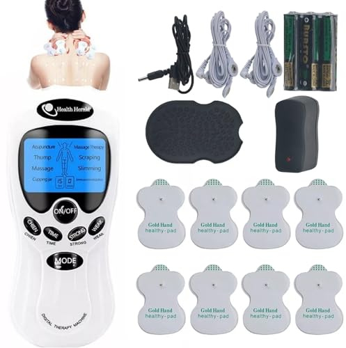 FiTspi 8-in-1 TENS Machine, Dual Channel TENS Unit Muscle Stimulator with 8 Massage Modes and 8 Replacement Pads, Body Massage Machine for Back Neck Shoulder Leg Calf Pain Relief