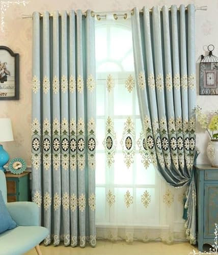 Beydodo Vorhang Verdunkelung Ösen 2er Set, Polyester Gardinen Blickdicht Nordisch Doppellagig Stickerei mit Blumen Motiv 107x229CM Verdunkelungsvorhänge Blau Kinderzimmer Wohnzimmer Schlafzimmer