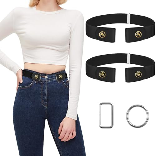 SMUJU 【2 Stück】 Gürtel Ohne Schnalle, Elastischer Justierbar Schnallenfreier Gürtel für Damen Jeans Hosen Kleid,Einstellbarer Unsichtbarer (2 Stück Goldene Taste Set I,L-2XL)