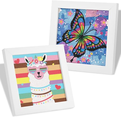 MICHIHOMIE 2er Set Diamond Painting Kinder mit Rahmen, 5D DIY Diamant Painting Bilder Kinder ab 4 5 6 8 10 Jahre Schmetterlings und Alpaka, Mosaikherstellung Arts Craft für Home Wand Decor 18×18 cm