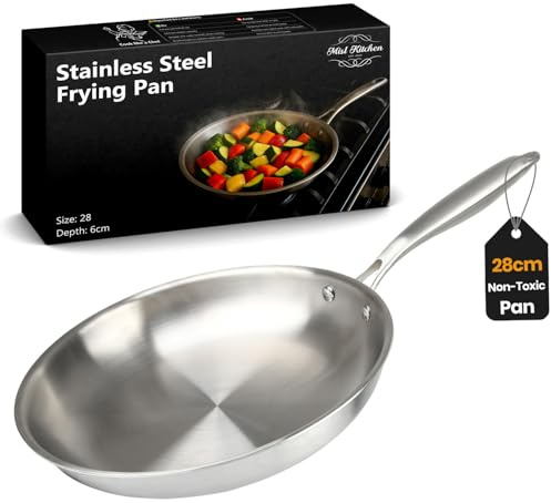 MISL HOME - Stainless Steel Frying Pan – Triple-Layer 28 cm - Frying Pans - Pan for Induction, Gas, Oven Safe – Heavy Duty Steel Frying Pan - Firm Handle – Ideal for Stir-Fries, Fish & Meats.