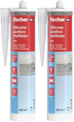 Fischer Silicone Acetico Multiuso Grigio SAM 280 ml, Sigillante Antimuffa per Vetro, Alluminio, Smalto, Ceramica, Adatto per Bagno e Cucina, 9354 (Confezione da 2)