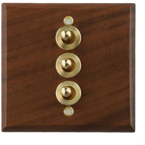 Interruptor basculante nostálgico de luz de madera de nogal con palanca de latón, interruptor de pared retro de 1/2 vías para ventilador de techo, iluminación, diseño vintage, 86 x 86 mm, marrón (3