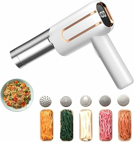 Handheld Electric Pasta Maker, 5-in-1 Cordless Pasta Machine, Portable Noodle Maker with Dough Cutters and Molds, Automatic Noodle Press Machine, Electric Pasta Maker for Home (White)