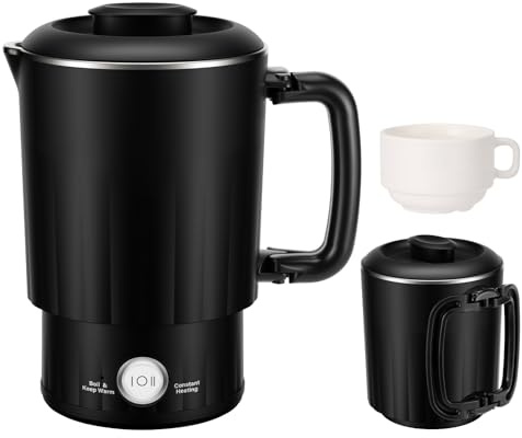Portable Travel Electric Kettle, 600ML Small Water Kettle with Ceramic Cup, 304 Stainless Steel Water Boiler with Dual Power Control, Compact Design for Camping, RV, Business Trip & Hotel Stays, Black