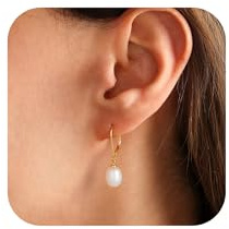 Turandoss 14K Vergoldet Perlen Ohrringe Hängend Damen, Perlenohrringe Gold | Hypoallergene Ohrringe Perlen Hängend, Perlenohrringe Hängend, Weiße Süßwasserperlen, Geburtstagsgeschenk für Frauen Damen