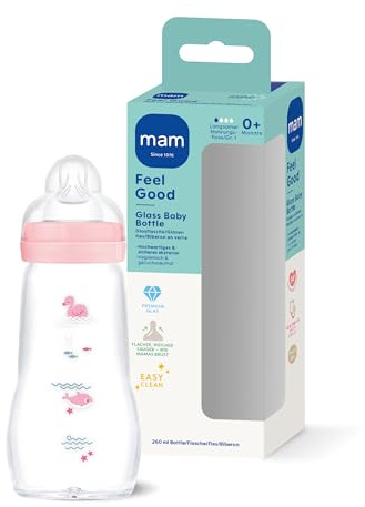 MAM Feel Good Glasflasche 260 ml, 94% Akzeptanz, Sauger Gr. 1, Schwan | Babyflasche aus Premiumglas, hitzebeständig & geschmacksneutral, SkinSoft Sauger fast wie beim Stillen, weite Öffnung