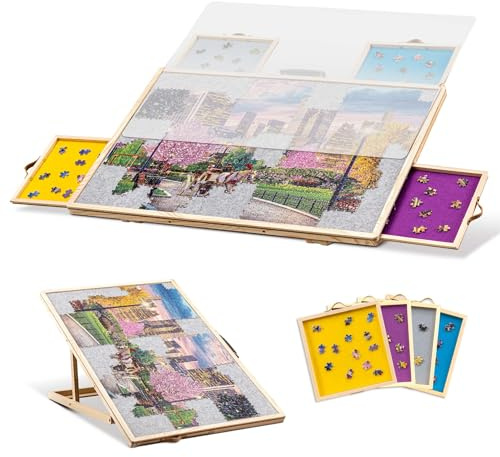 Tektalk Cabrio-Design Puzzlespiel-Brett, beidseitige Nutzung, Verstellbarer Puzzletisch mit Abdeckung & 4 farbigen Sortierschubladen, kippbares Holztableau, for Up to 1000 Pieces - Gray