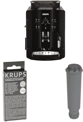 KRUPS Arabica Picto Kaffeevollautomat Set EA8108: Inklusive Milchschaumdüse und 2-Tassen-Funktion mit Reinigungstabletten XS3000 & Claris Wasserfilter-Kartusche F0880, Schwarz