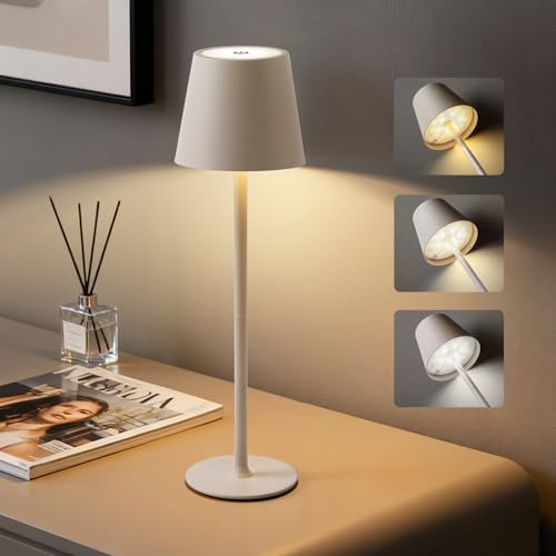 Bonsery Tischlampe Kabellos, 5200mAh Akku Tischleuchte Aufladbar, Metall Dimmbare Touch Lampe mit Höhenverstellbar, Wasserdicht Tischlampe Outdoor Indoor für Esszimmer Schlafzimmer Camping, Beige