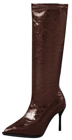 Generisch Bottines en cuir pour femme avec talon, bottes larges pour femme Tige XL en cuir extensible, Talon pointu Bottes d'hiver avec fermeture éclair à talon fin, marron, 36 EU