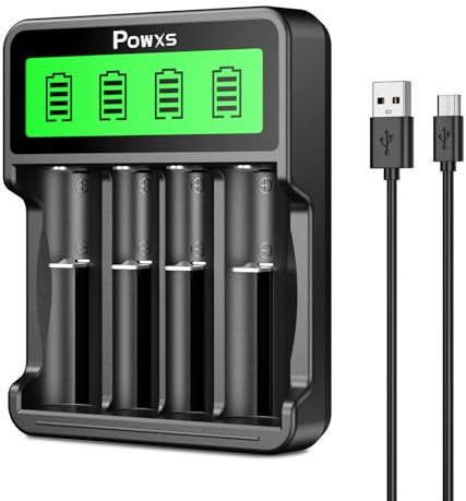 POWXS Universal Smart Battery Charger for Li-ion Ni-MH Ni-CD, LCD Display with Type-C/Micro-USB Input, Compatible with 18650 26650 21700 AA AAA C, Over Charge Protection