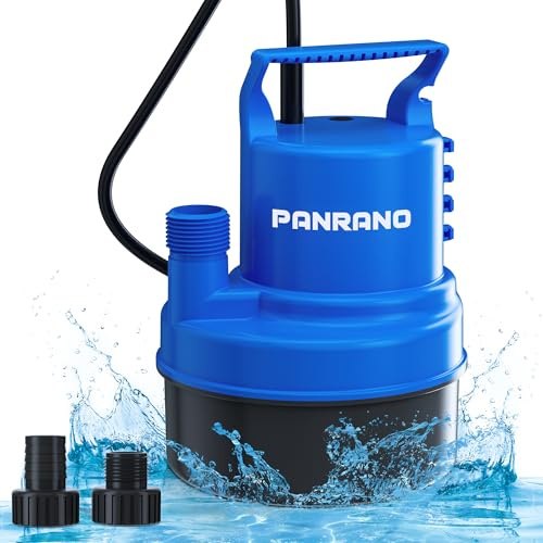PANRANO 1/3 HP Submersible Water Pump 2000 GPH Portable Small Sump Pump For Pool Cover, Basements, Puddles, Gardens Ponds With 16.4 Ft Power Cord and Hose Adapters, Blue