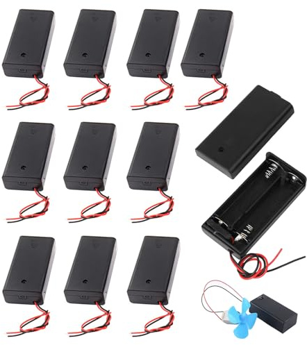 10 Piezas Soporte de Batería Plástico para 2 Pilas AA 3V con Tapa, Portapilas AA 2 Pilas, Interruptor On/Off y Cables de Conexión para Proyectos Electrónicos DIY y Reemplazo de Soportes Rotos
