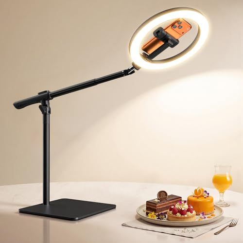 Overhead Stativ Handy mit Ringlicht Schreibtisch – Stabil Ringlicht mit Stativ für Küche, Einstellbar Tischringlicht Ring Light Ringleuchte Ringlampe für Videoaufnahmen/Live-Streaming/Kochvideos