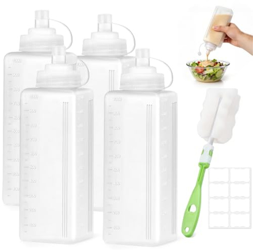 4 Stück Squeeze Flasche, 1000 ml Quetschflasche mit Kappen, KeinLeck Condiment Flaschen Inklusive 2 Reinigungsbürste und 2Aufklebern Saucenflasche mit Skala für Saucen Salatöl Ketchup und Mayonnaise