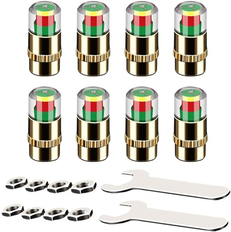 8PCS Car Tire Pressure Monitor Valve Caps with 3-Color Sensor Indicator (2.4 Bar), Anti-Theft Air Valve Stem Caps for Cars, Motorcycles, Bikes, Includes Nuts & Dust Covers (Copper)