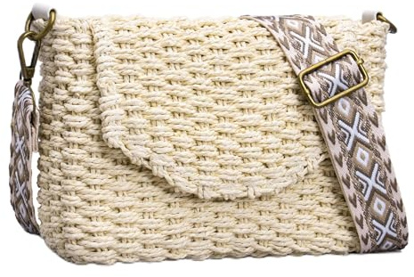 Toptime Stroh Umhängetaschen Damen, Kleine Sommer Strohtaschen mit Verstellbarem Riemen, Boho Gewebte Crossbody Bag Damen mit Reißverschluss, Handgefertigte Korb Handtasche für Reisen Party Einkaufe