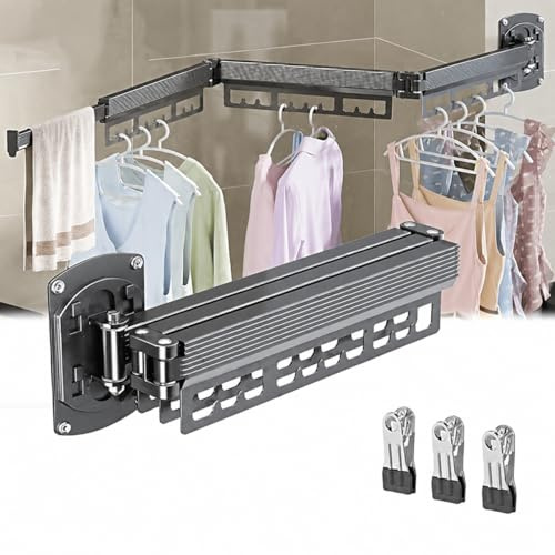 Rurbeder Tendedero Plegable de Pared (3 Brazos), Estante Secado Retráctil Ropa, Aluminio, Giratorio 360°, Aluminio para Balcones, Baños, Dormitorios， Mit 3 Klammern