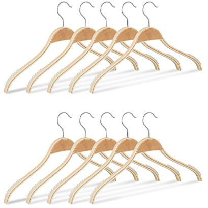 Relaxdays Kleiderbügel Holz 10er Set, rutschfeste Lamellen, natürliche Optik, 360° drehbarer Haken, stabil, 42 cm, Natur