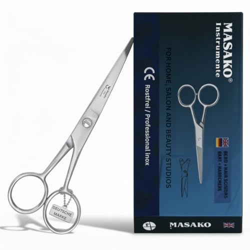 Masako Bartschere 13 cm - Haarschere & Barthaarschere mit einseitiger Mikroverzahnung - Profi Schere für Bart, Haare, Schnurrbart & Herrenpflege - Edelstahl rostfrei