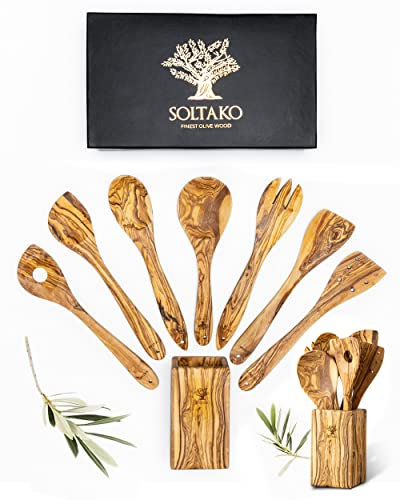 SOLTAKO Olivenholz Küchen Set 7 teilig inkl. Besteckhalter Kochlöffel Holz Pfannenwender Holz Salatbesteck handgefertigt Küchenutensilien Holz antibakteriell aus Tunesien