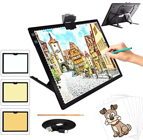 TOHETO A3 Leuchttisch, Kabellos Leuchtkasten mit Ständer und Oberem Magnetclip 3 Farben Stufenlos Dimmbar 6 Helligkeitsstufen Wiederaufladbares Leuchttafel für Diamantmalerei, Zeichnen (Schwarz)