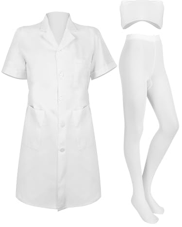 Hercicy Nurse Dress Costume Set for Women White Short Sleeve Medical Lab Coat Nurse Cap Footed Pantyhose Halloween Cosplay(Classic Style,L)
