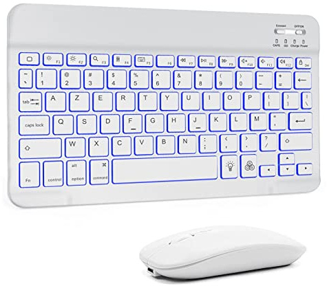 Clavier et Souris Bluetooth AZERTY Sans Fil avec LED Éclairée - Rechargeable pour Tablette, Téléphone, Smartphone Android Windows (Blanc)