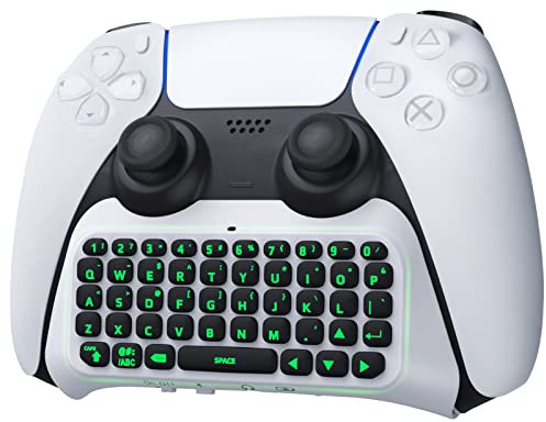 TiMOVO Grün Hinterlicht Tastatur für PS5 Controller, Kabellos Bluetooth Chatpad für PlayStation 5 Controller, Mini Game Keyboard mit Lautsprecher & 3,5 mm Audiobuchse für Messaging Livechat, Weiß