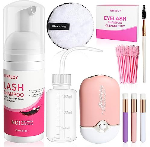 9 Pcs Wimpernverlängerungen Set für Salon Heimgebrauch, Augen WimpernShampoo, Miniatur USB Wimpern Föhn, Wimpernbürsten Einweg, Mascara Bürsten, Reinigung Pinsel, Waschen Flasche, Entferner Augenpads