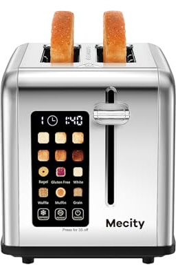 Mecity 2 Slice Toaster Touch Screen 1.5 Wide Slot, Stainless Steel Smart Bread Toaster for Bagel Muffin Waffle Gluten Free Breads, Timer, Defrost, Reheat, 120V 825W