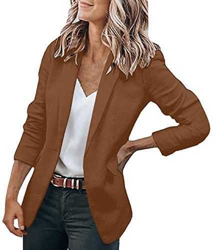 Blazer, giacca sportiva da donna, corta, estiva, primavera, estate, mezza stagione, giacca a maniche lunghe, elegante davanti aperto, cardigan sciancrato, giacca da lavoro, ufficio, marrone, XL