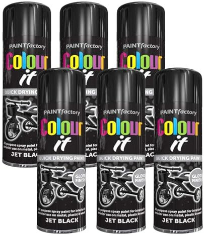 PNJB Paint Spray Can 250ml 'Black Gloss' General Purpose, Fast Dry Excellent Coverage Adhesion, Spray Paint For Metal, Plastic, Wood, Stone, Gloss Finish (Pack of 6)