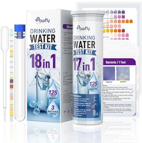 Pawfly 18 in 1 Drinking Water Test Kit, 125 Strips for Tap Water Well Swimming Pool Aquarium Spa, Home Water Quality Test Strips for pH Hardness Chlorine Lead Iron Copper Nitrate Fluoride & More