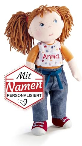 HABA Stoffpuppe mit Namen personalisiert/Bestickt, Erste Baby Puppe für Mädchen, Weiche Kuschelpuppe als Taufgeschenk, Kinder Geschenk-Idee Babypuppe (Braunes Haar)