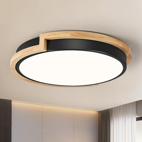 WOKNOS Lampada da soffitto, plafoniera nera 30 cm, lampada LED 24W con legno per camera da letto, soggiorno, cucina, corridoio, sala da pranzo, 4000K