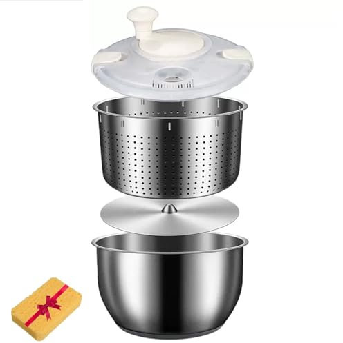 Salad Spinner Stainless Steel Large Vegetable Washer - 6L Bowl, PP Lid, Manual Dehydrator - Easy Cleaning and Drying Spinner for Salad
