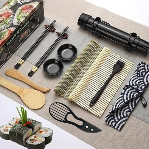 SQAQS 14pcs Kit para Hacer Sushi, Juego de Sushi, Kit para Hacer y Plato, Kit Completo, Kit para Hacer, Kit para Principiantes con Alfombrilla de, Bazooka