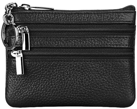Portefeuille pour Femme en Cuir Véritable avec Anneau Porte-clés,Mini Porte Monnaie Cuir,Minimalisme Urbain Coin Purse Wallet pour Homme,Petit Portemonnaie avec Porte-clés et 3*Compartiments (Noir)